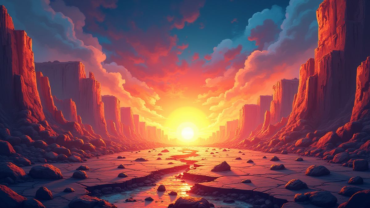 Earthquake-themed background with cracks and falling debris.