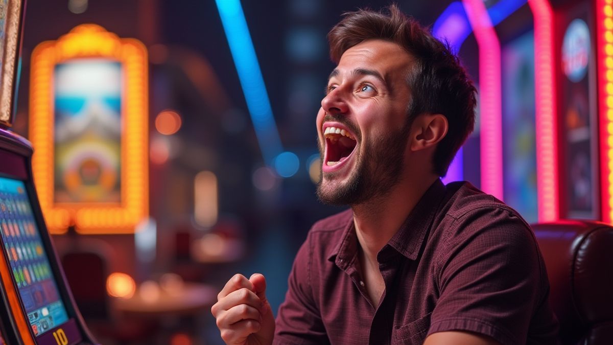 Excited player with earthquake graphics in the background.