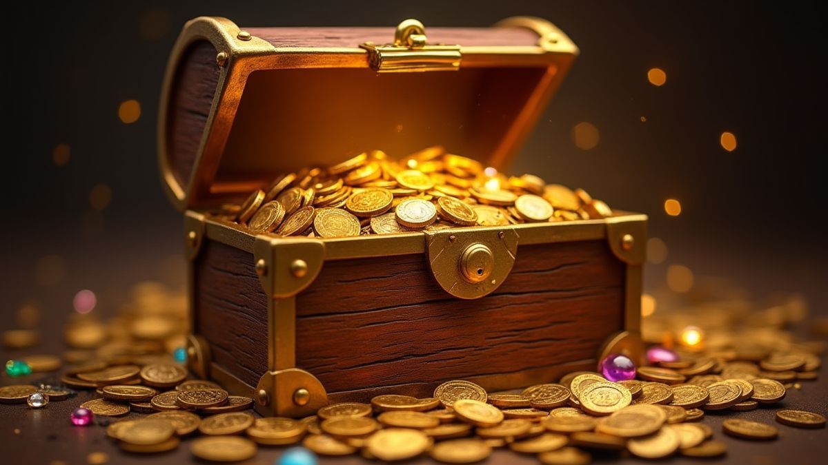 Een gouden schatkist die overloopt van munten en juwelen.