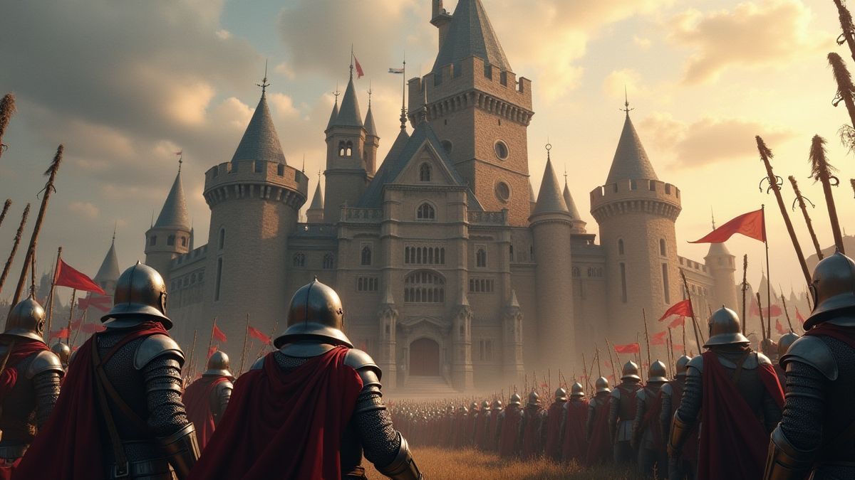 Un château médiéval entouré de chevaliers.