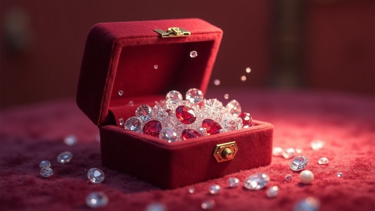 Sieradendoos vol diamanten, robijnen en parels.