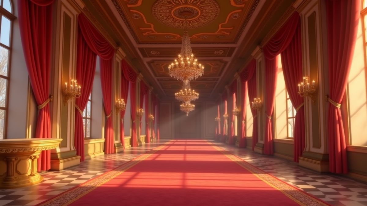 Interieur van een koninklijk paleis met kroonluchters en fluwelen decoraties.