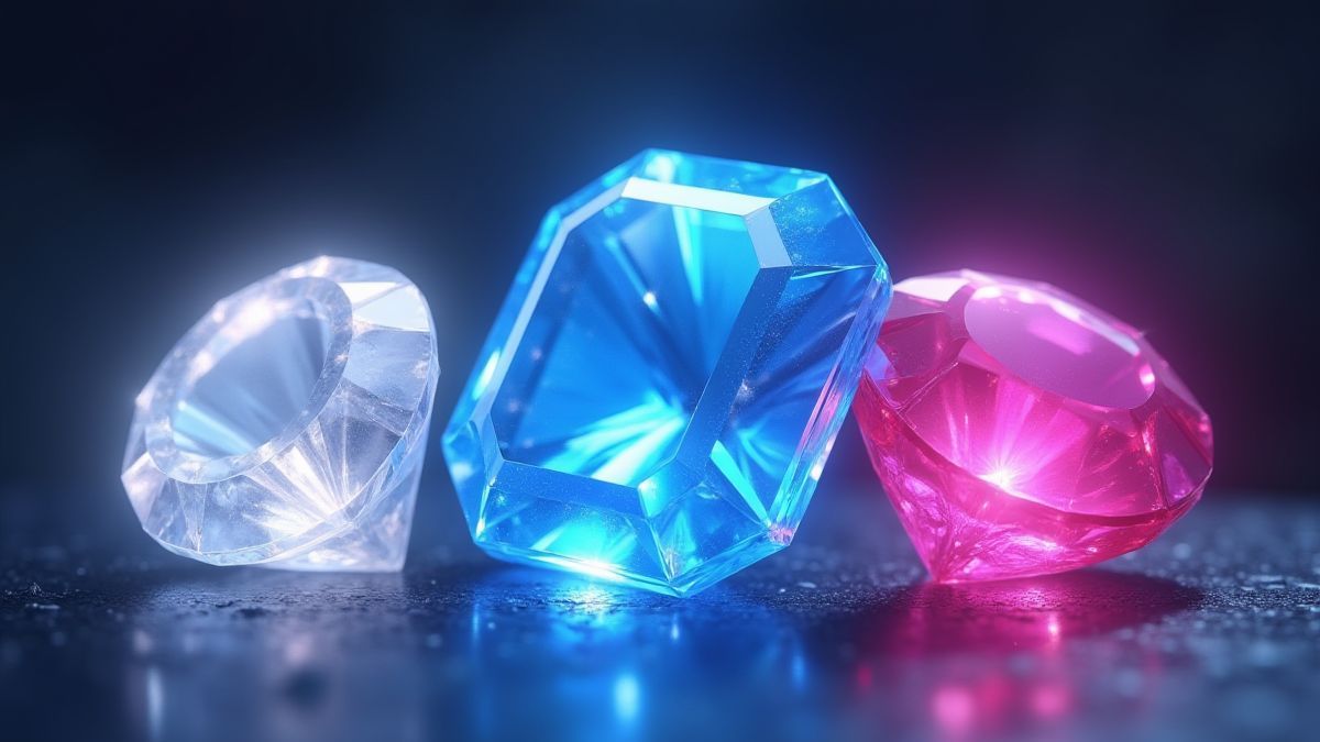 Tres gemas brillantes: un diamante blanco, un zafiro azul y un rubí rosa.