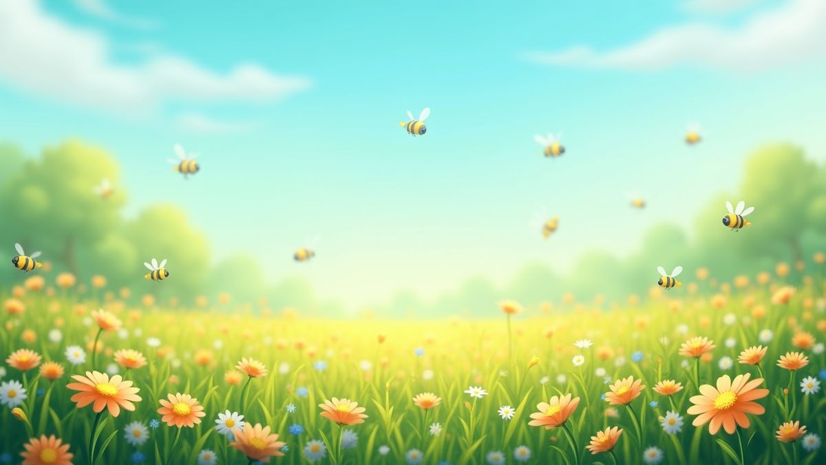 Un prado lleno de flores y abejas animadas.