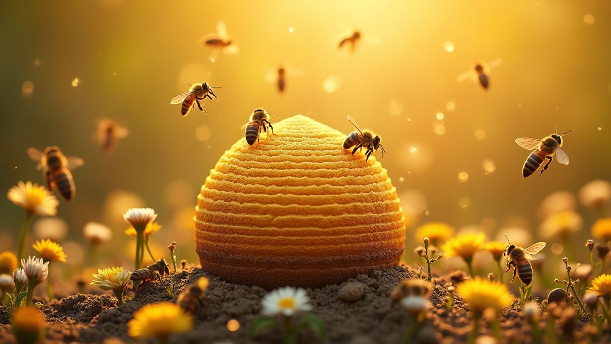 Una colmena dorada rodeada de flores y abejas.