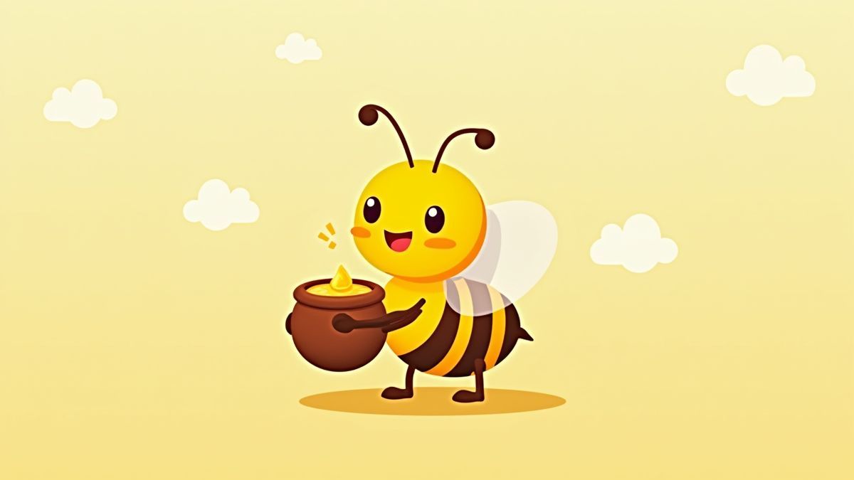 Una abeja animada sosteniendo un tarro de miel.