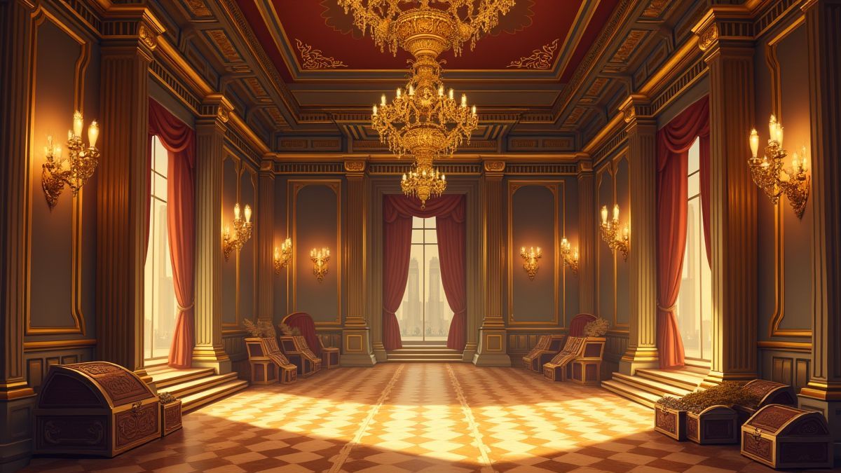 Interior de un palacio con detalles dorados y cofres del tesoro