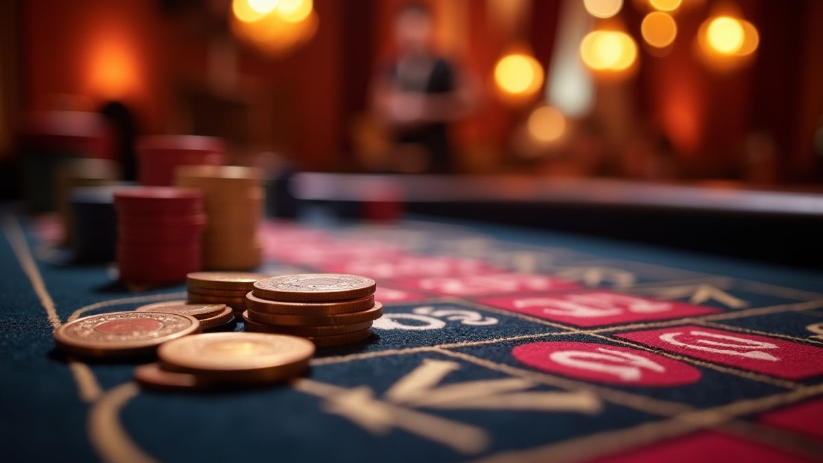 Mesa de casino con monedas y fichas