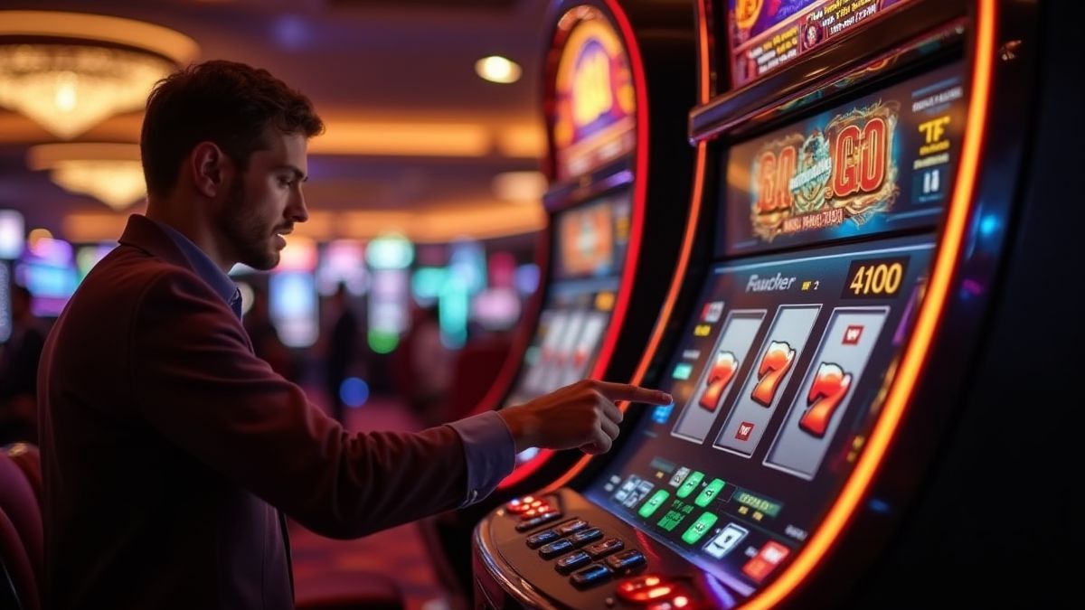 Jugador girando una máquina tragamonedas en un casino lujoso