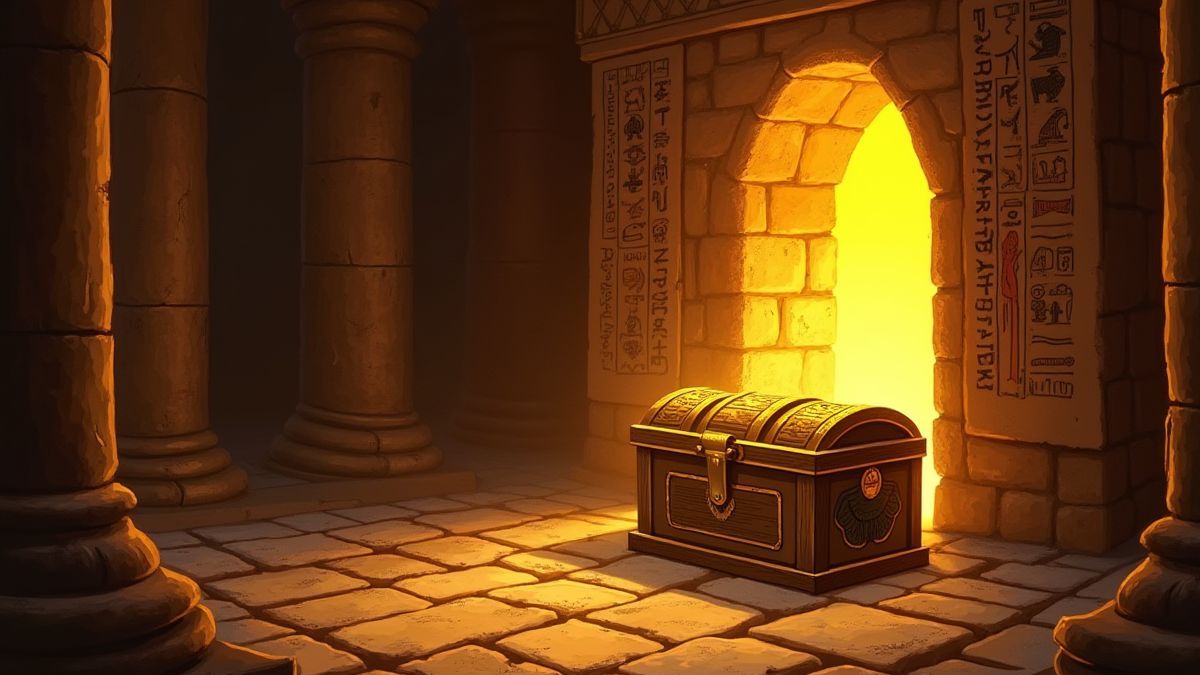 Hieroglyphen und ein Schatztruhen in einem ägyptischen Grab.