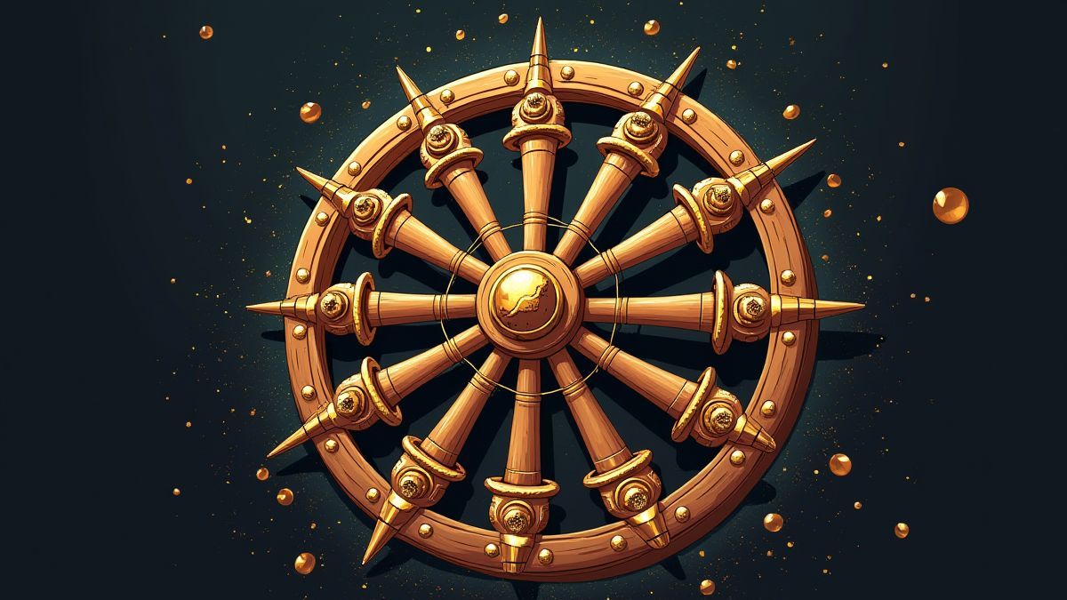 Drehendes Rad mit goldenen Symbolen.