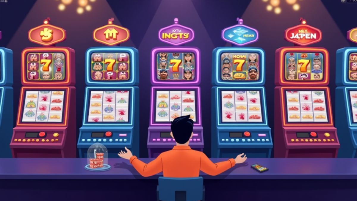 Spieler denkt über seine Strategie vor einem Slot-Maschine nach.