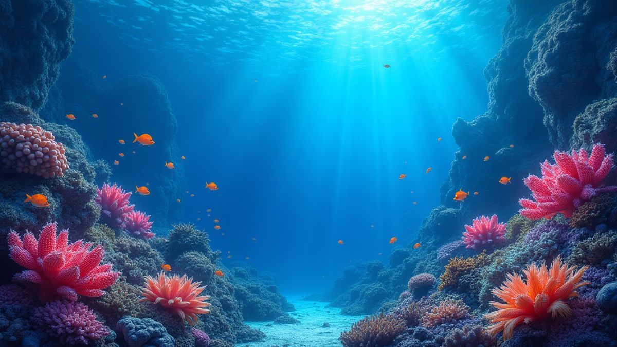 Una escena submarina con arrecifes de coral luminosos y criaturas marinas exóticas.