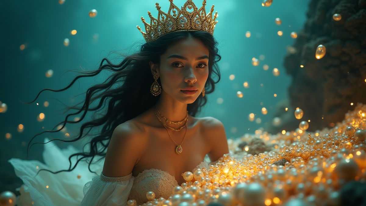 Una majestuosa reina submarina rodeada de perlas luminosas y tesoros dorados.