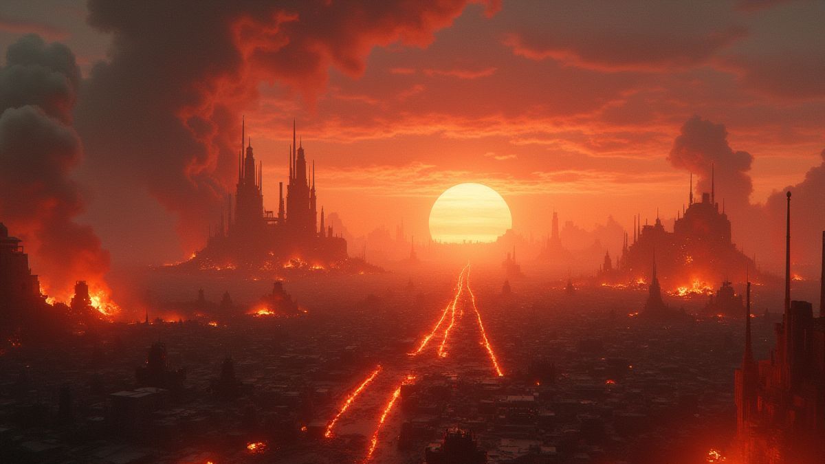 Champ de bataille futuriste rempli de flammes
