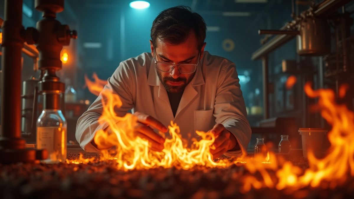 Scientifique travaillant dans un laboratoire avec des flammes