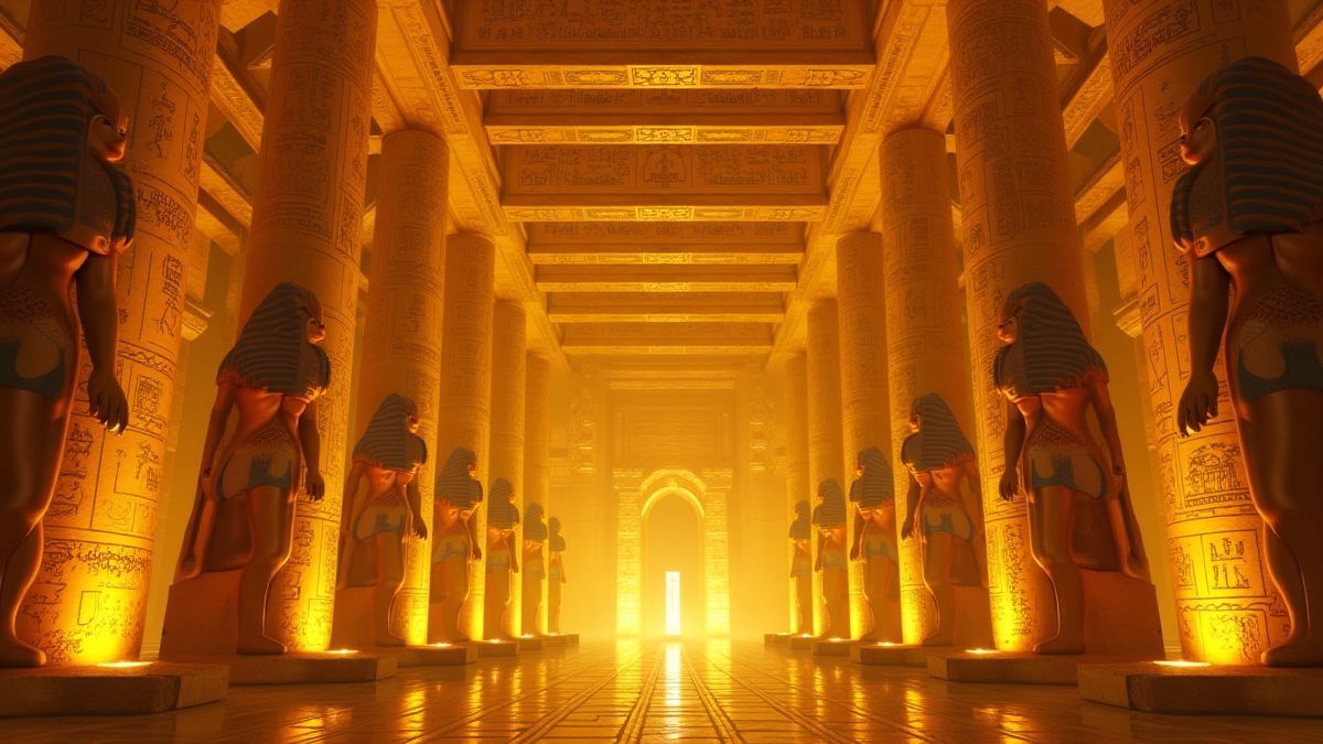 Darstellung der ägyptischen Götter in einem goldenen Tempel.