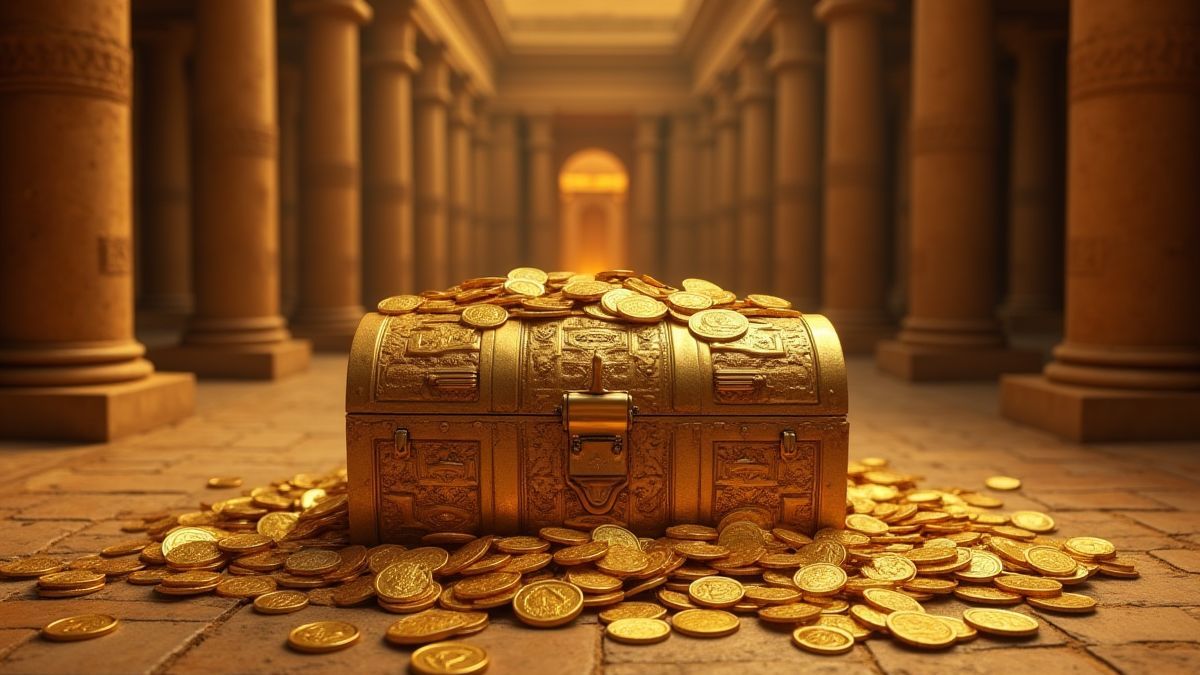 Goldener Schatztruhe, die mit Münzen in einem ägyptischen Tempel überquillt.