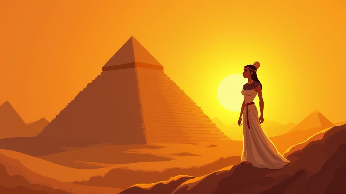 Cleopatra frente a una pirámide al atardecer dorado.