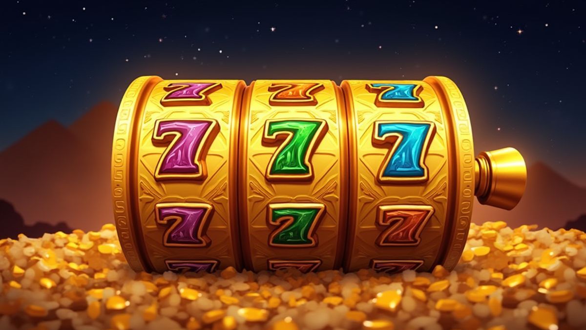 Un carrete dorado con multiplicadores brillantes bajo una noche estrellada egipcia.