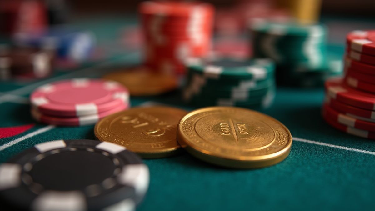 Close-up view of casino chips and coins on a table.