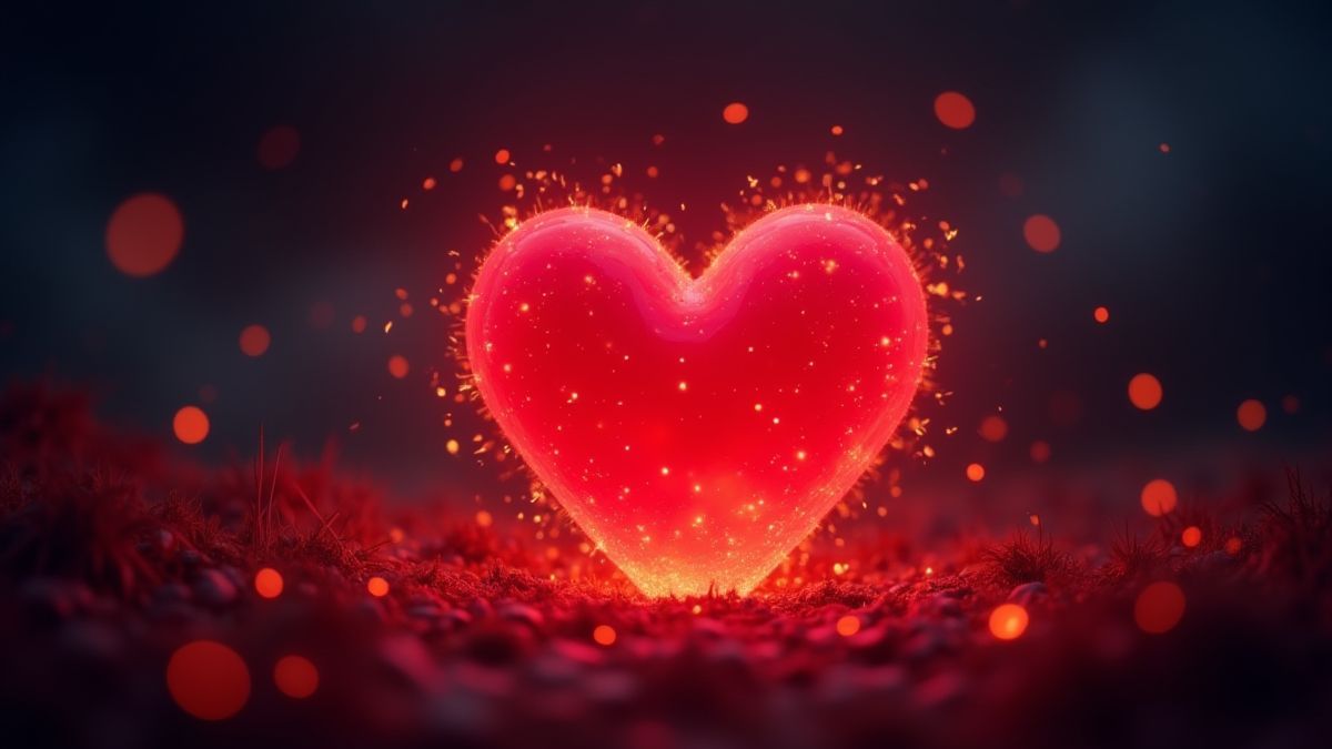 A glowing red heart surrounded by sparkles in a romantic night sky.
