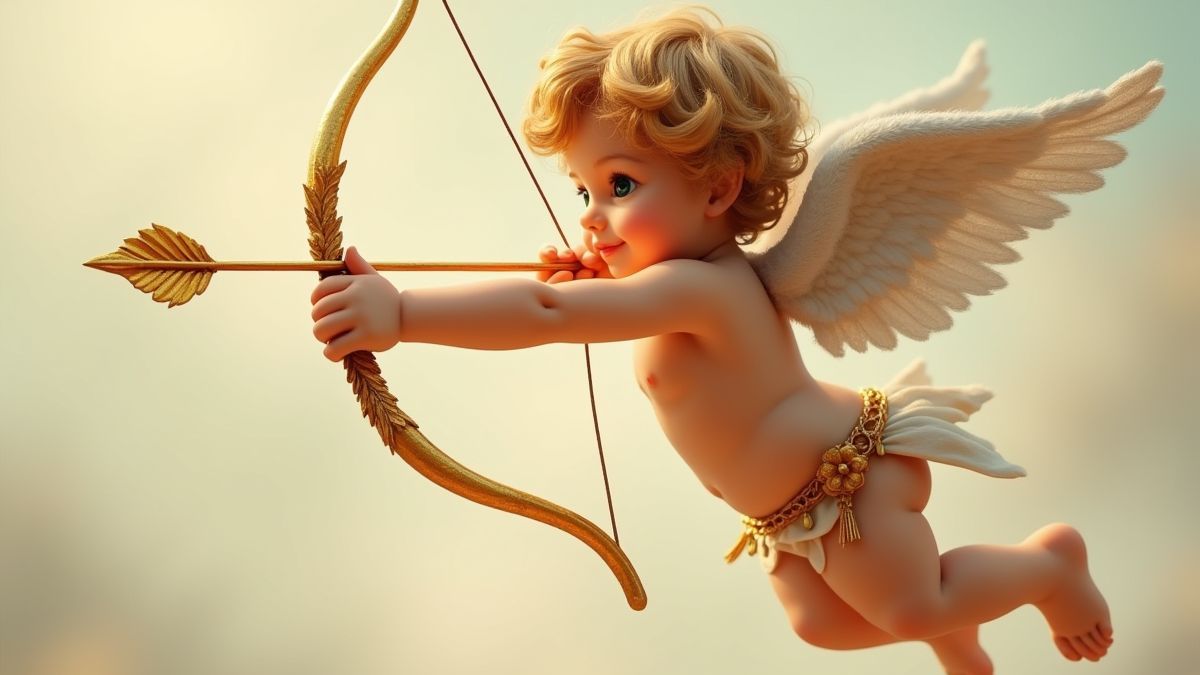 A playful cupid with a golden bow, ready to shoot an arrow of love.