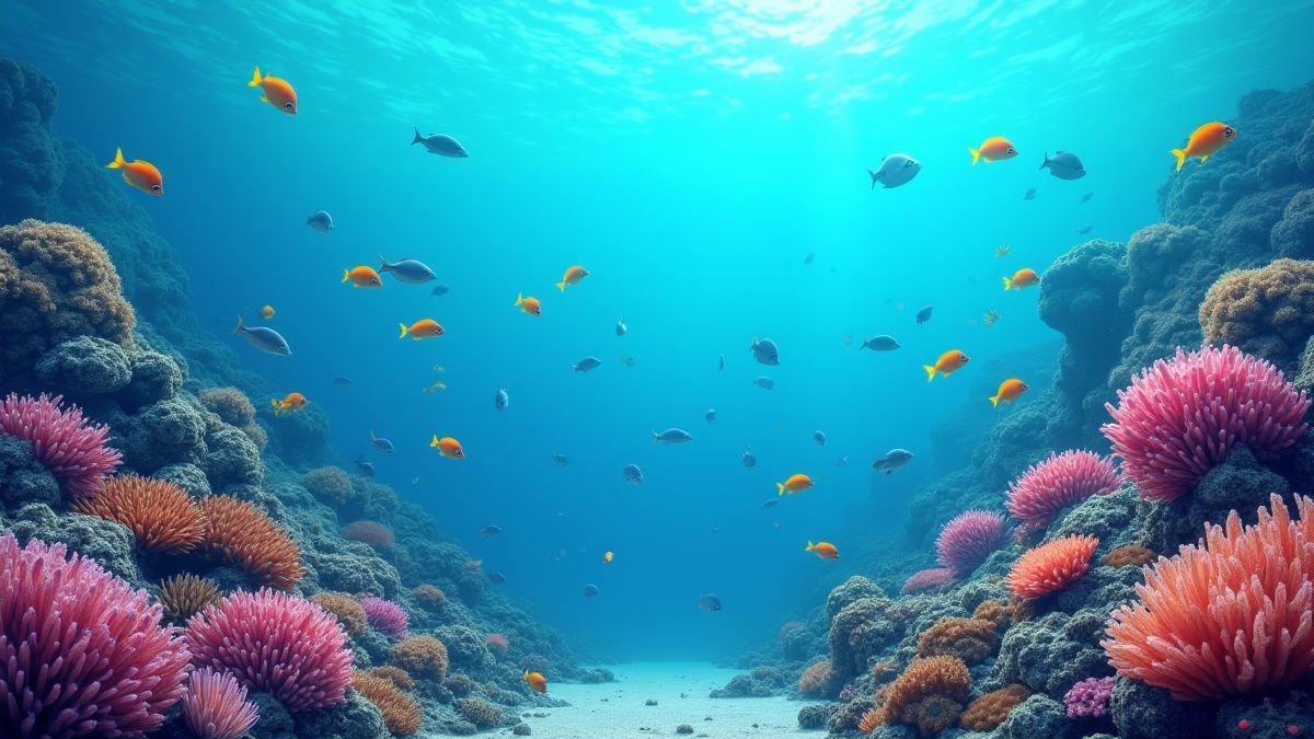 Cena de arrecife de coral com peixes tropicais.