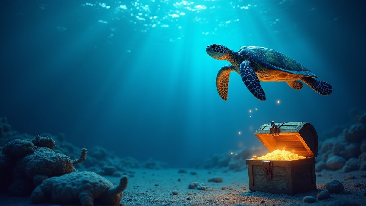 Tartaruga marinha nadando perto de um baú do tesouro.