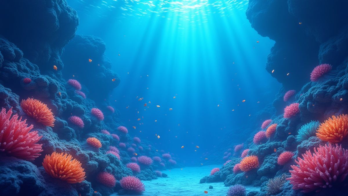 Corais brilhantes e peixes tropicais sob a água.