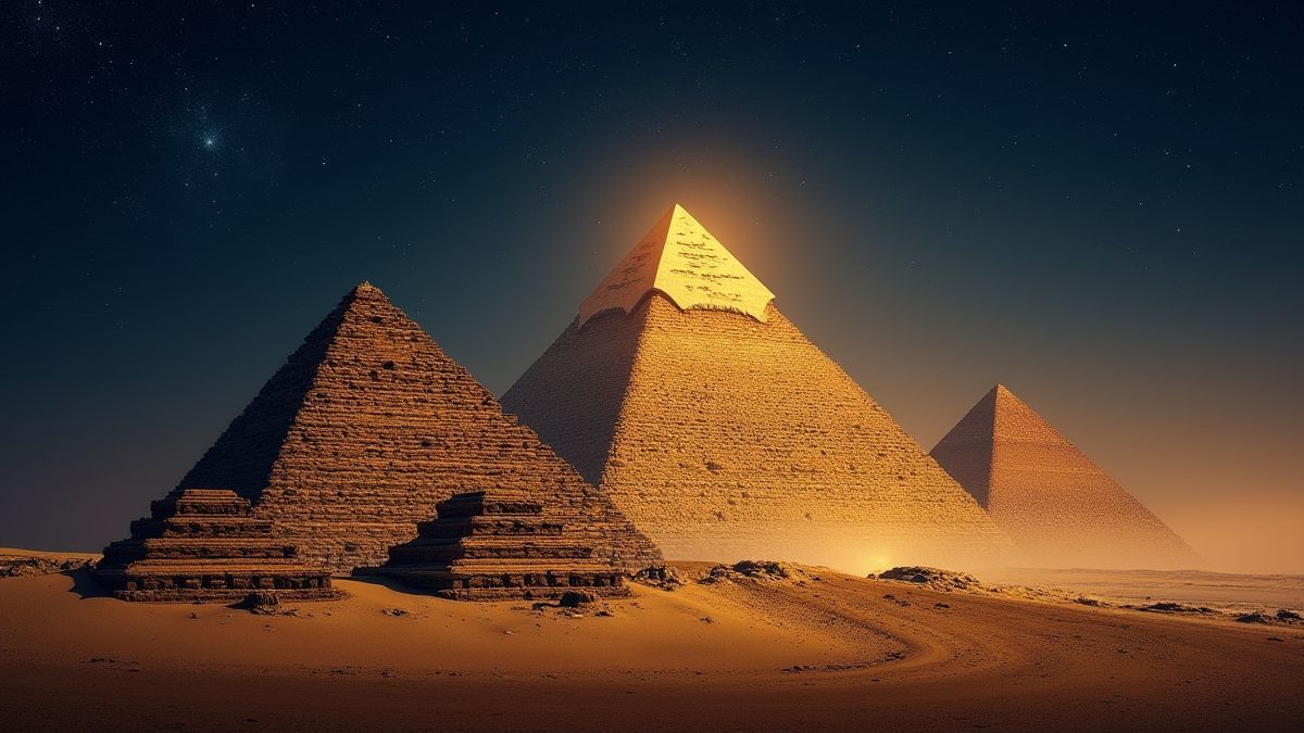 Pirámides doradas bajo un cielo estrellado con un aura mística.