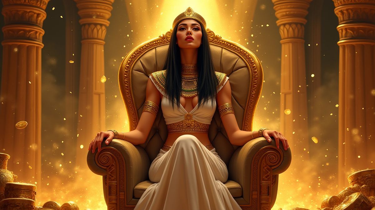 Reina egipcia en un trono dorado rodeada de tesoros.