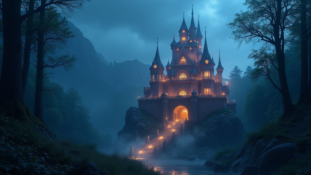 Ein verzaubertes Schloss, umgeben von einem magischen Wald.