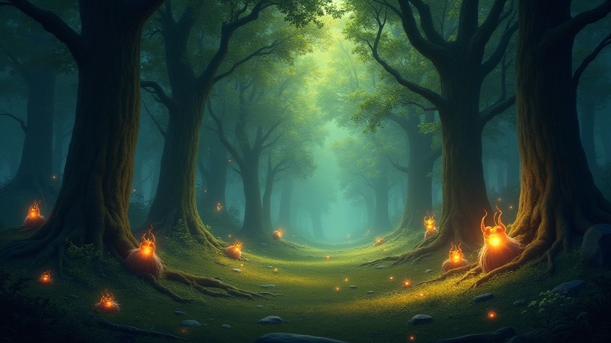 Ein leuchtender Wald mit magischen Kreaturen.