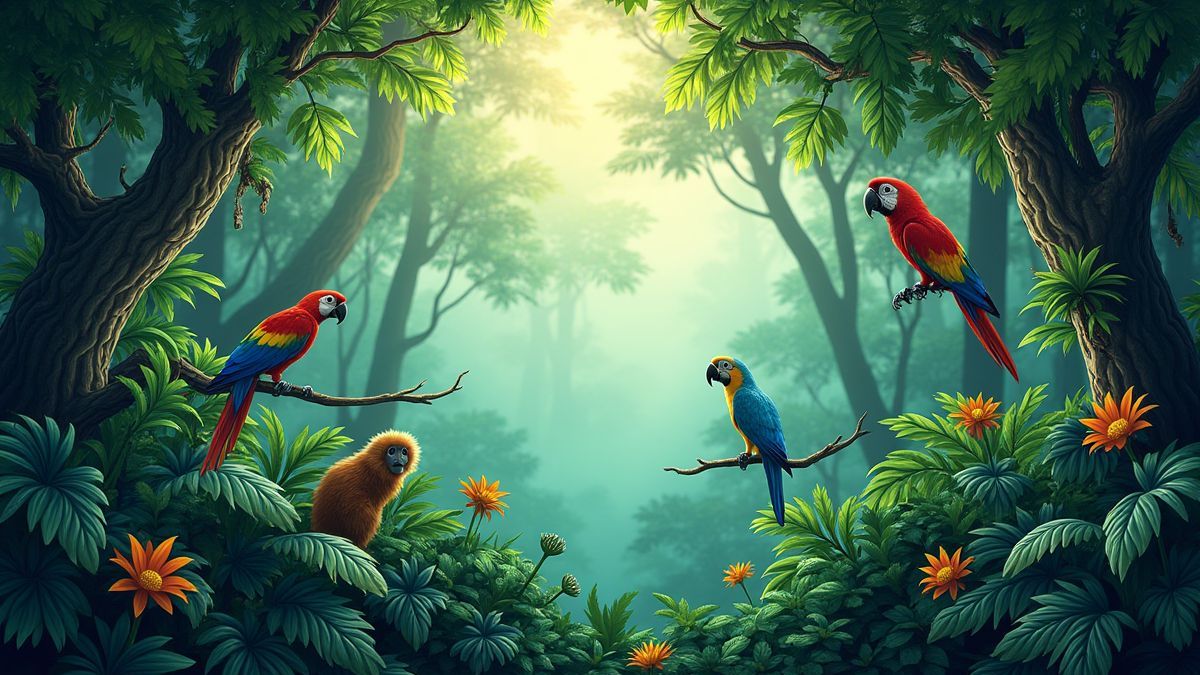 Image of a vibrant jungle with monkeys and exotic plants.