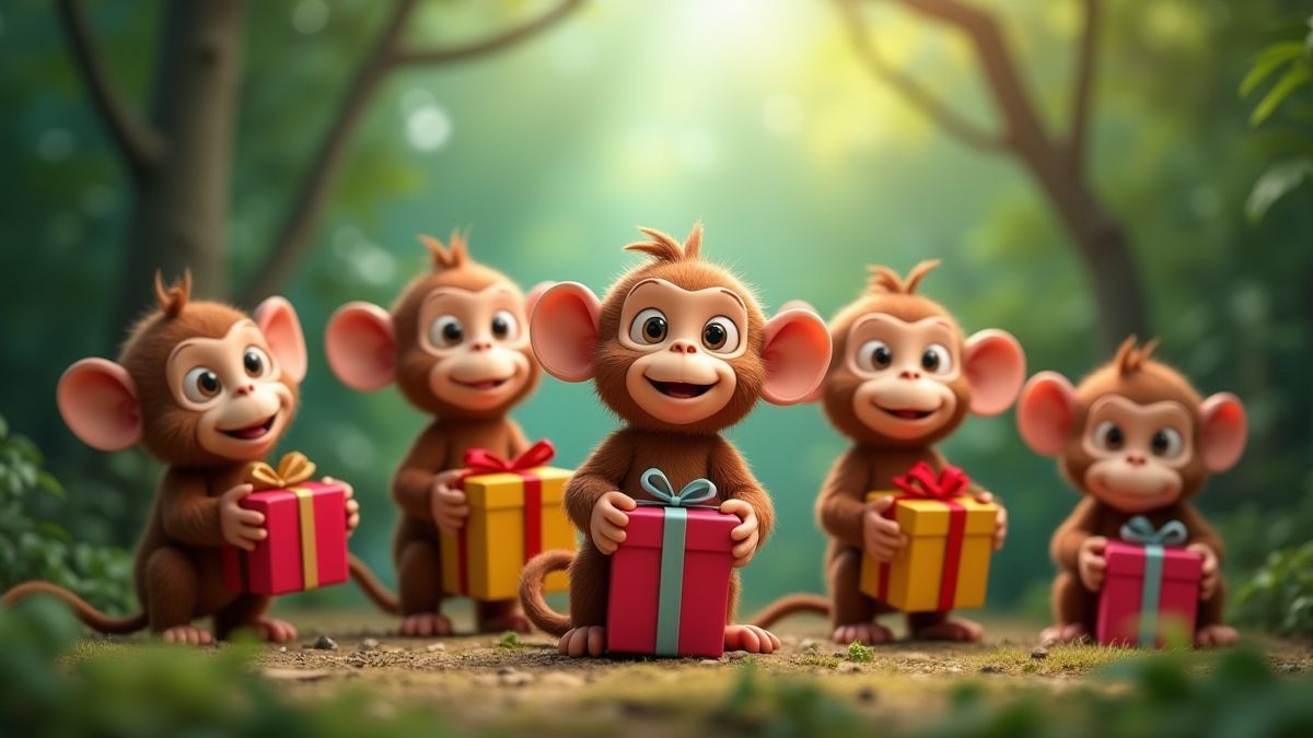 Animated monkeys offering gifts in the jungle.