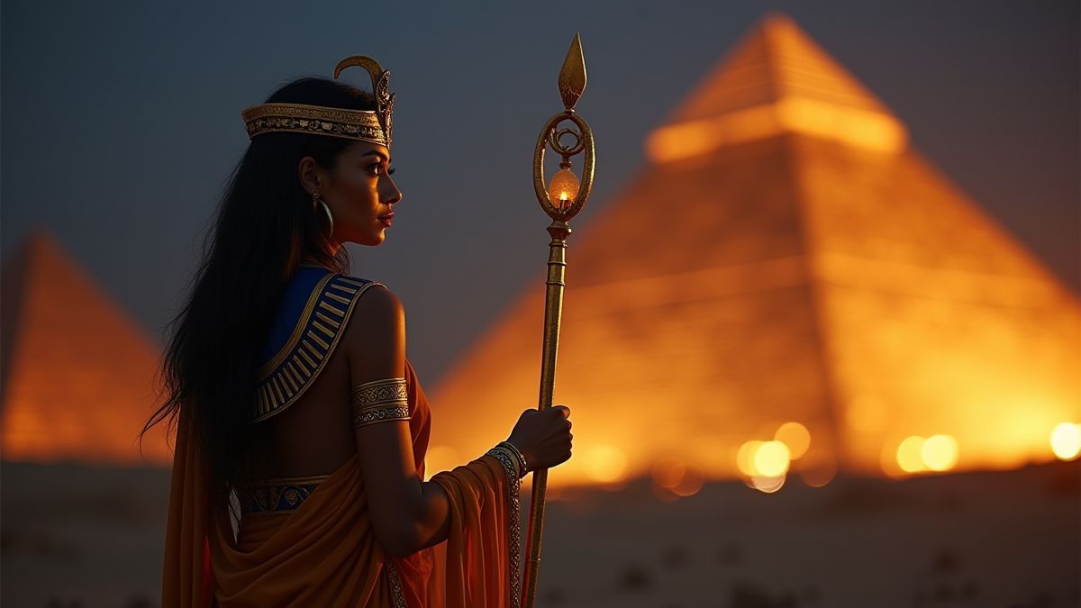 Rainha egípcia com um cetro dourado frente a uma pirâmide iluminada.