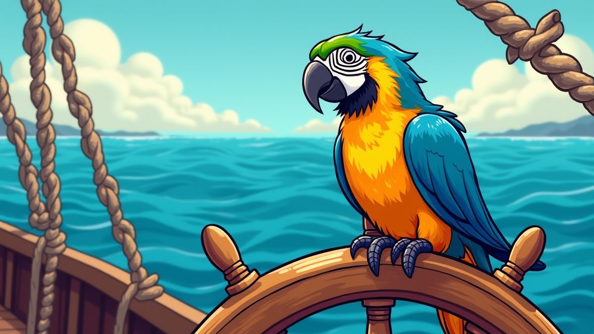 Ein Piratenpapagei, der auf dem Steuerrad eines Schiffes sitzt, mit dem Ozean im Hintergrund.