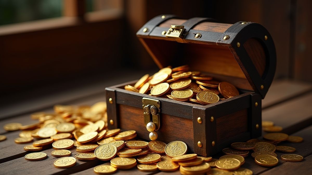 Eine Schatztruhe, die überquillt mit Goldmünzen und Perlen auf dem Deck eines Holzschiffes.
