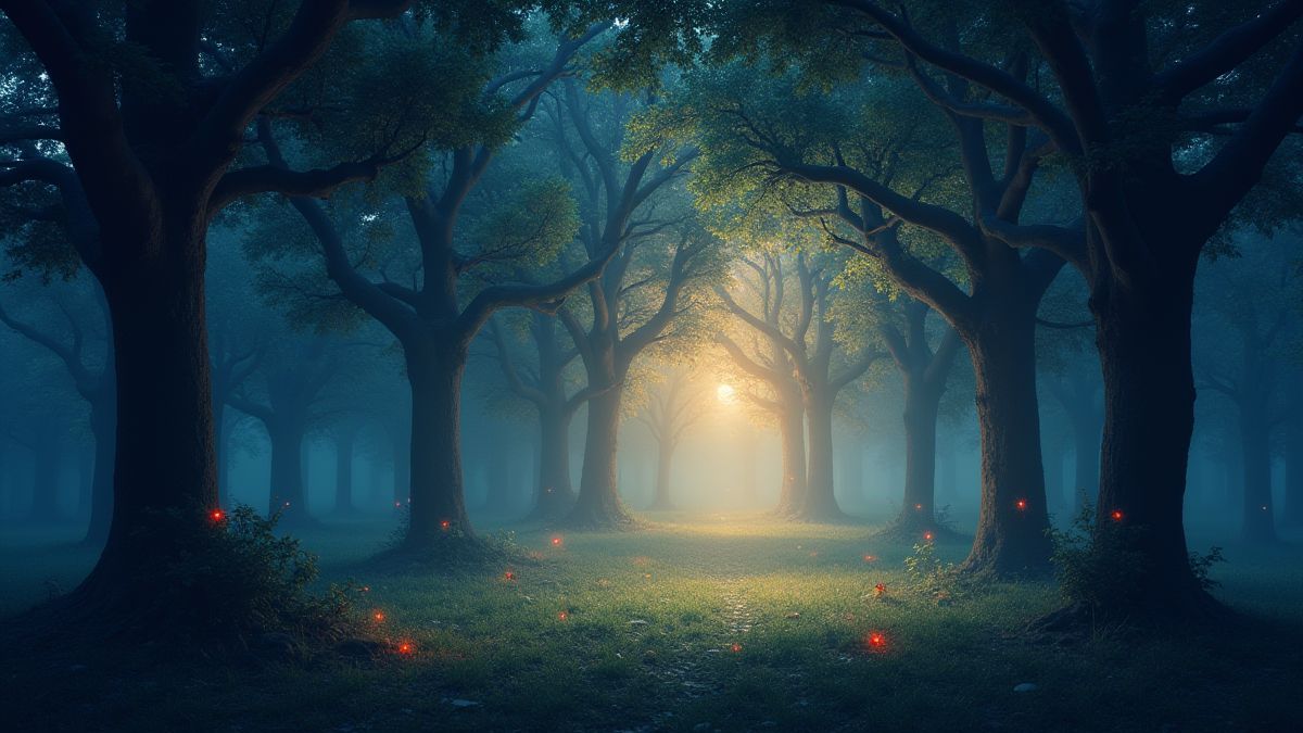 Une forêt enchantée avec des arbres lumineux et des créatures magiques.