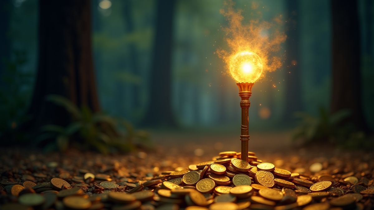 Des pièces d'or et un bâton magique dans une forêt mystique.