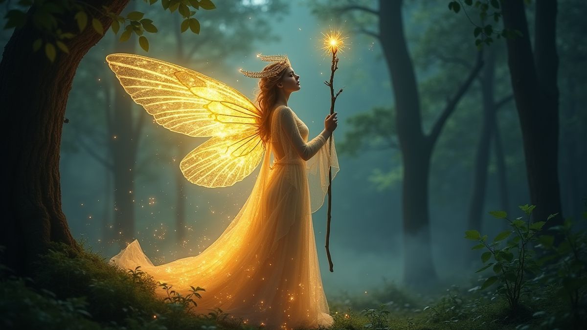 Reine fée lumineuse avec un bâton magique entourée d'arbres enchantés.