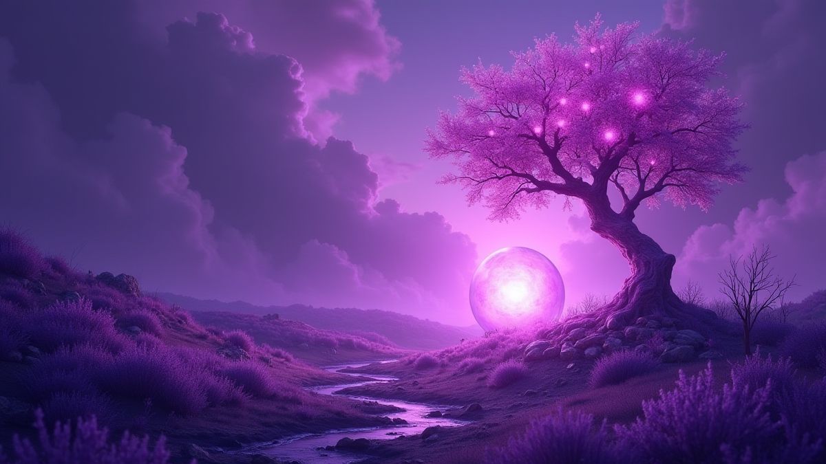 Paisaje místico púrpura con elementos naturales.