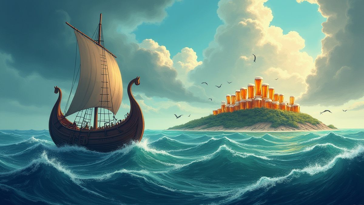 Een Viking schip dat naar een eiland vol bier vaart.
