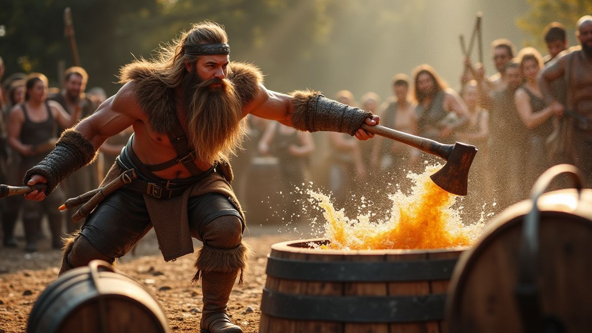 Een Viking die bijlen naar biervaten gooit.