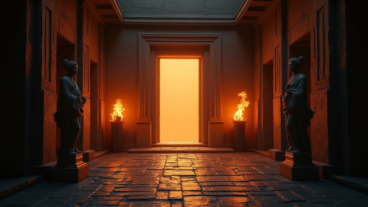 Entrée d'un labyrinthe grec illuminé par des torches.