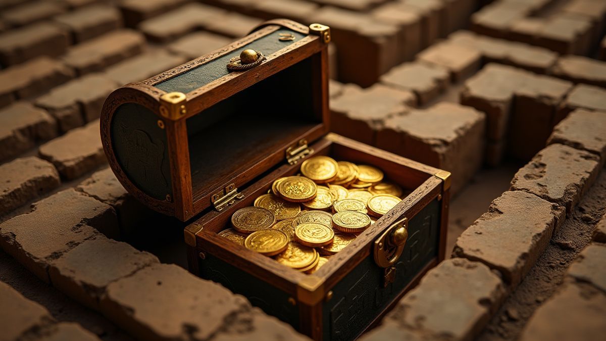 Un coffre rempli de pièces d'or à l'intérieur d'un labyrinthe grec.