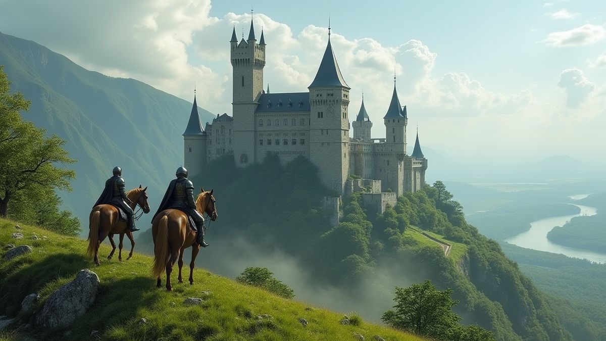 Un castillo medieval rodeado de colinas verdes y caballeros a caballo.