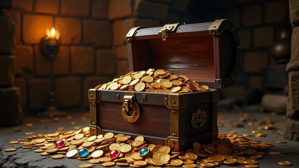 Un cofre del tesoro lleno de monedas de oro y joyas en una mazmorra medieval.