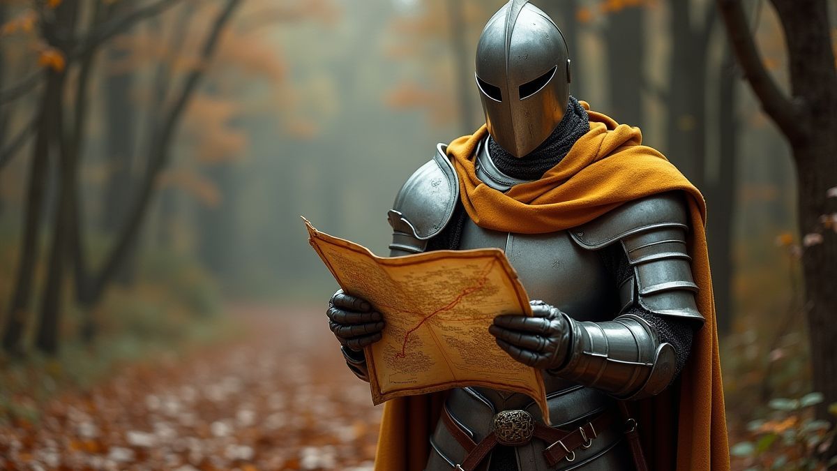 Un caballero sosteniendo un mapa mientras planea su búsqueda del tesoro.